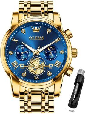 Mens Gold Blue Skeleton Stainless Steel Diamond Multi Calendar Chronograph Watch